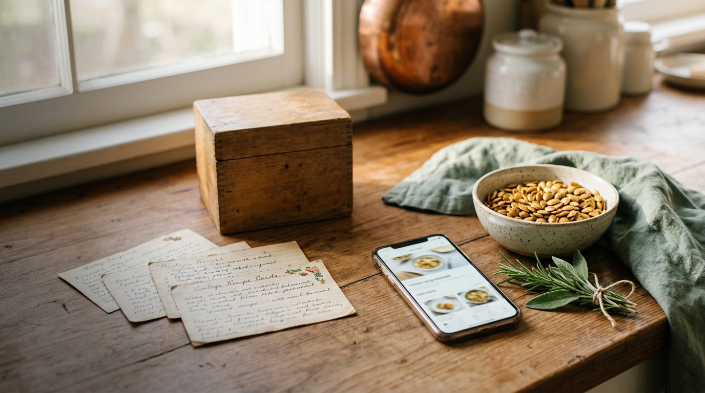 A kitchen counter with handwritten recipe cards, a recipe box, a phone showing Pepita, a bowl of pepitas and a sage towel